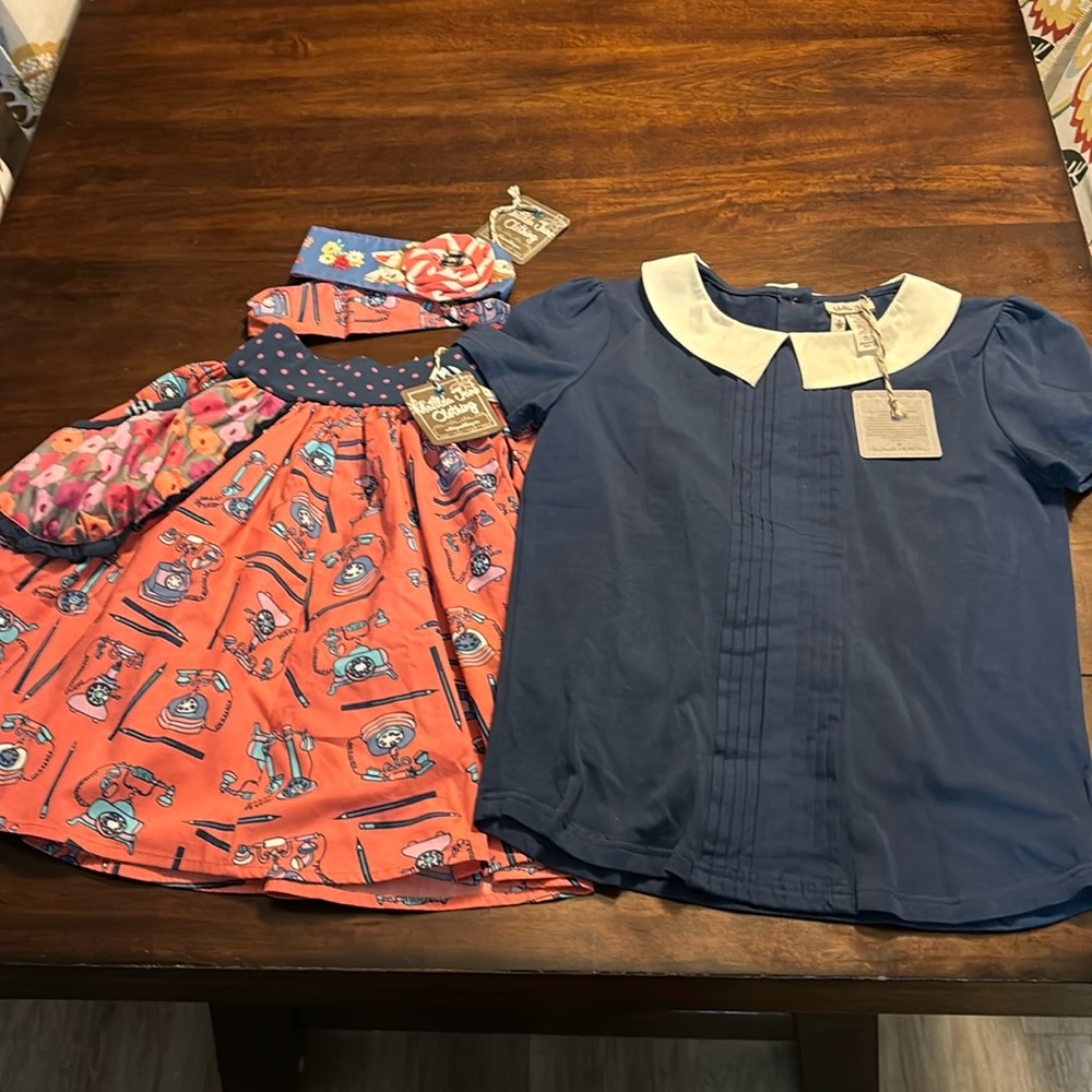 Matilda, Jane, 3pc telephone round skirt, navy blouse  & headband NEW Size 12